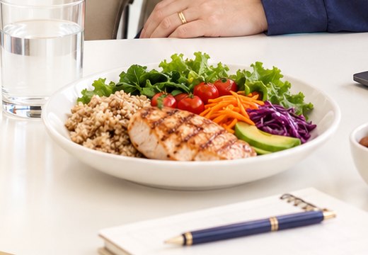 Prato equilibrado com salada, legumes, grãos e frango grelhado